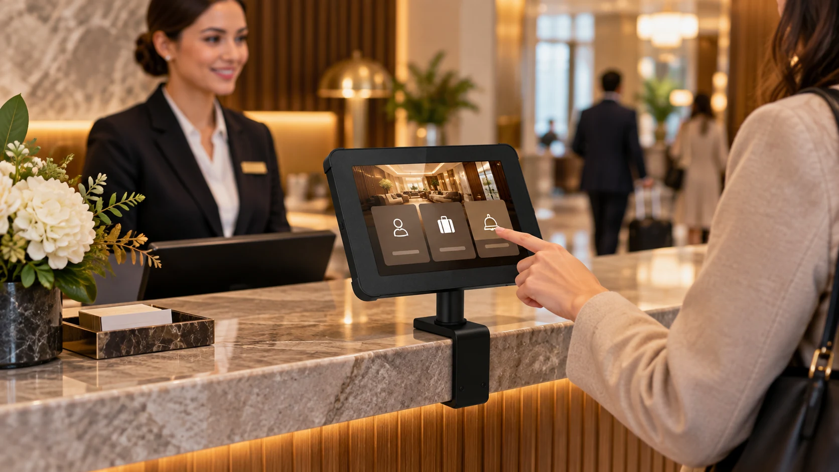 Braçadeira de Mesa Line Conference — Check-in no balcão de hotel