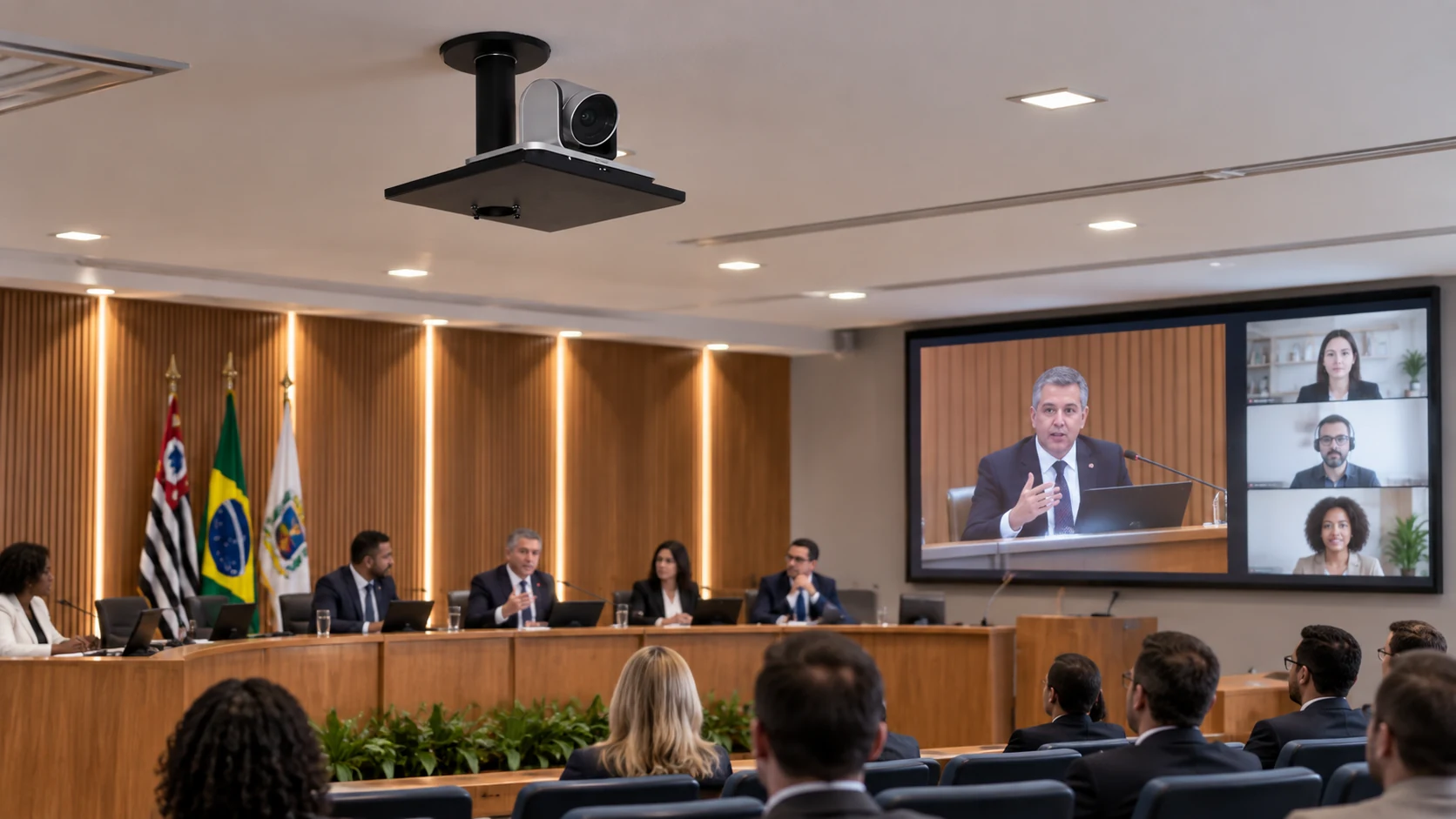 Suporte de Câmera Standard de Teto — Auditório híbrido com câmera fixada no teto