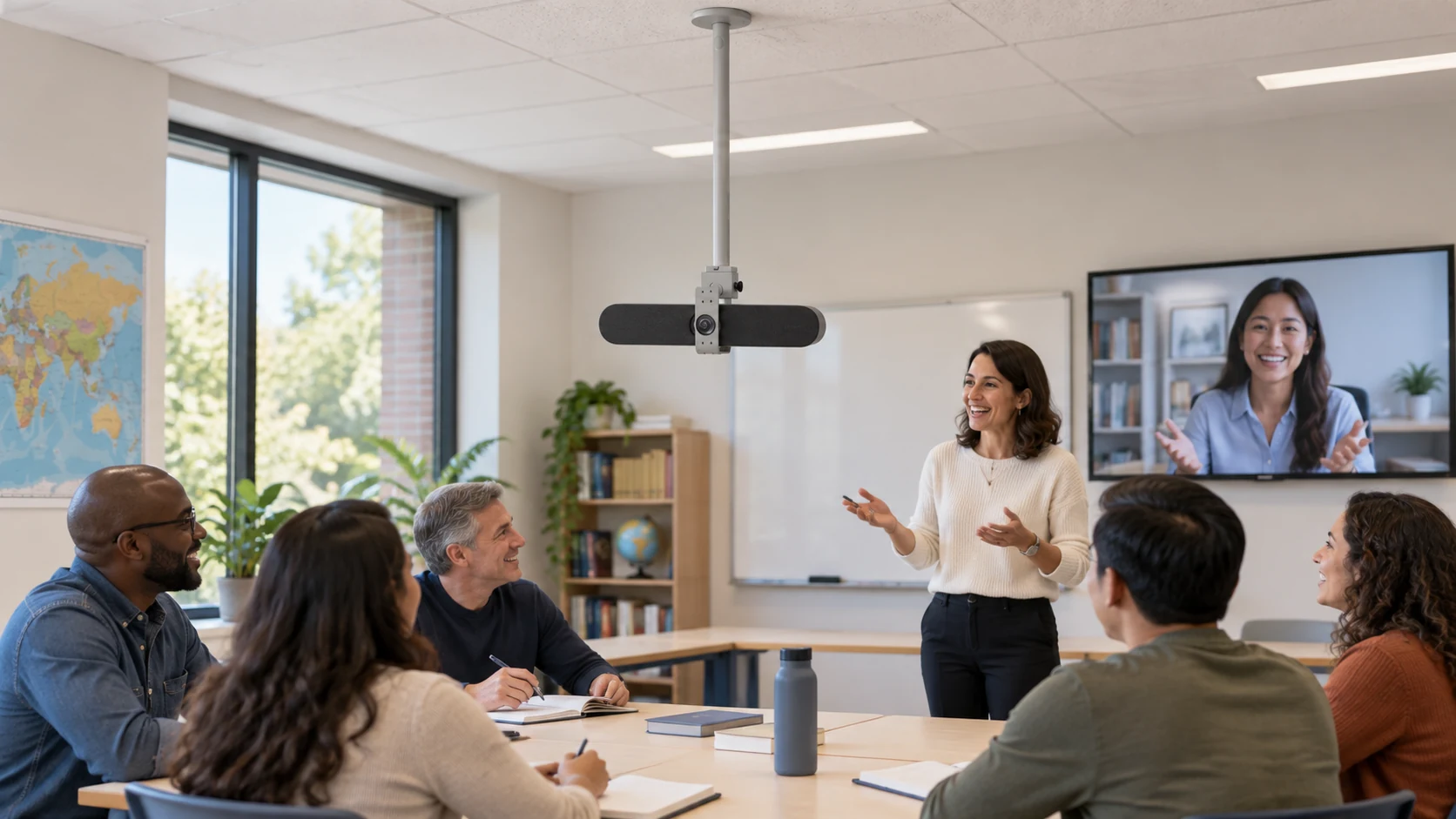 Suporte de Câmera Teto Polycom Studio — Sala de idiomas com câmera suspensa