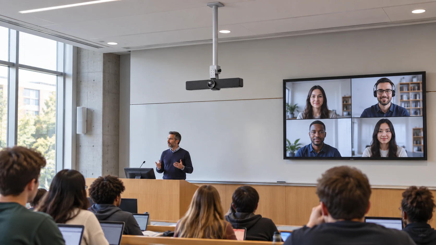 Suporte de Câmera Teto Polycom Studio — Auditório universitário com câmera suspensa
