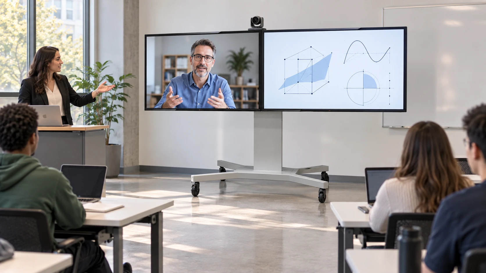 Suporte EX 5570 02 TVs 86" — Aula híbrida em universidade