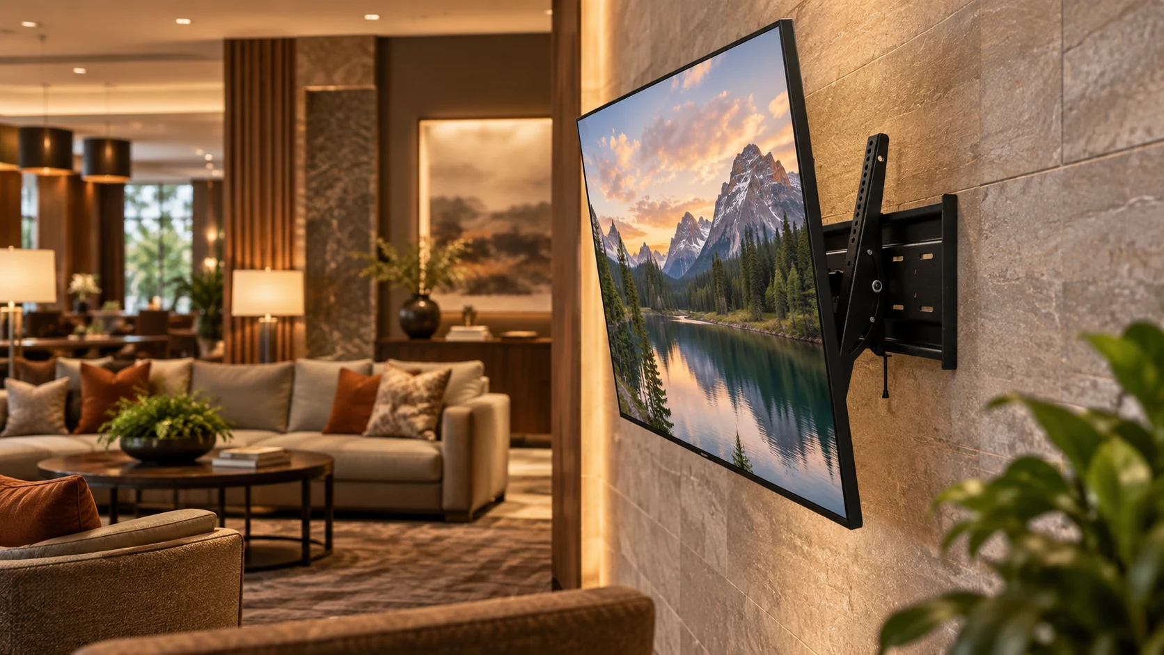 Suporte Fixo Articulado para TVs de 30" a 75" — Tela inclinada em lounge de hotel