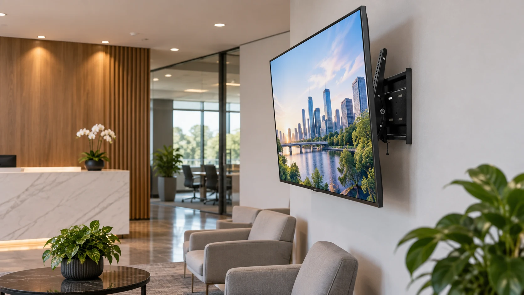 Suporte Fixo Articulado para TVs de 30" a 75" em recepção corporativa