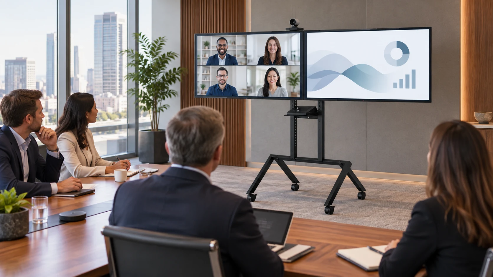 HAX VC Line Cart 02 TVs — Reunião executiva com conteúdo e participantes remotos