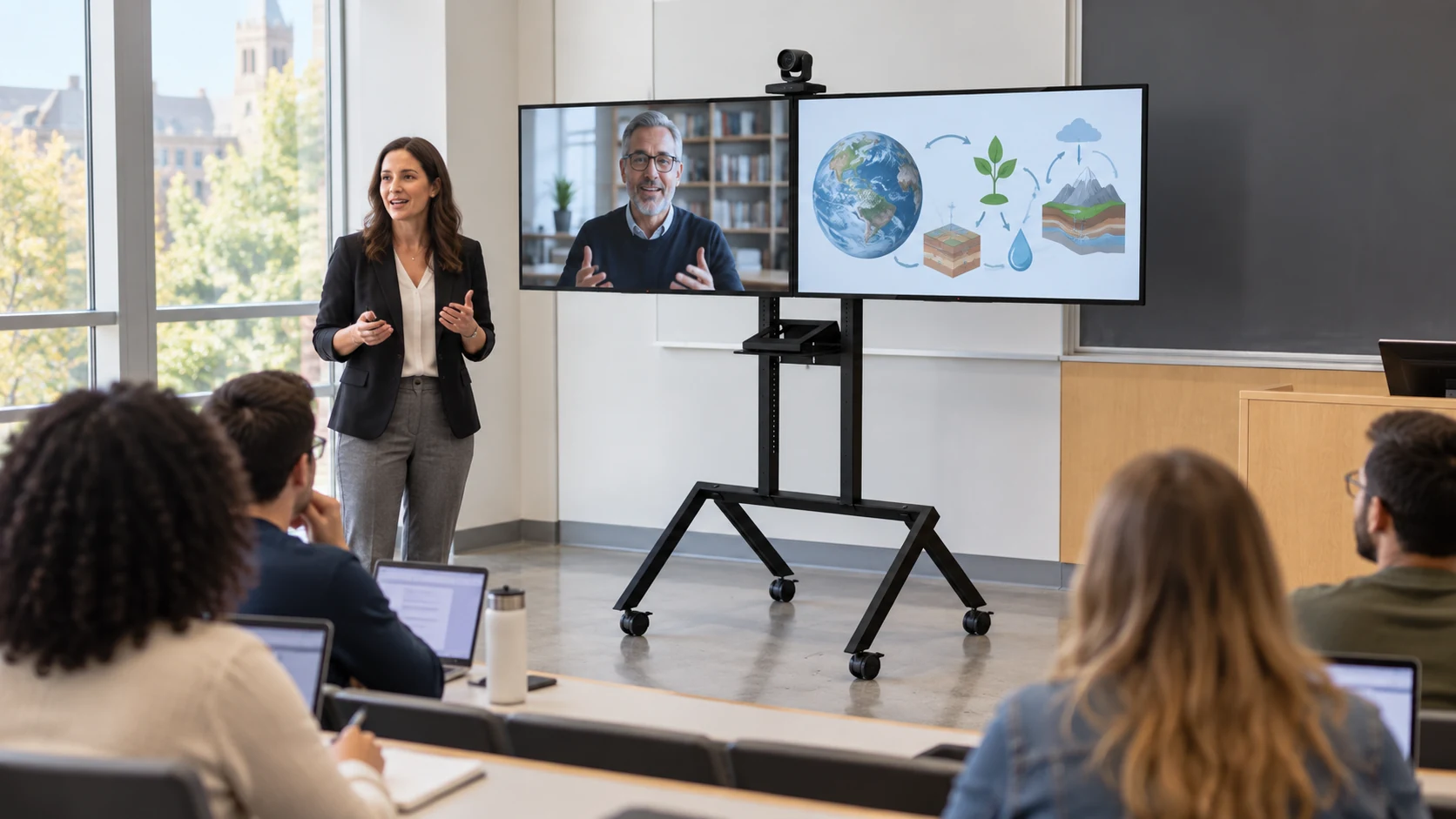 HAX VC Line Cart 02 TVs — Aula universitária com convidado remoto