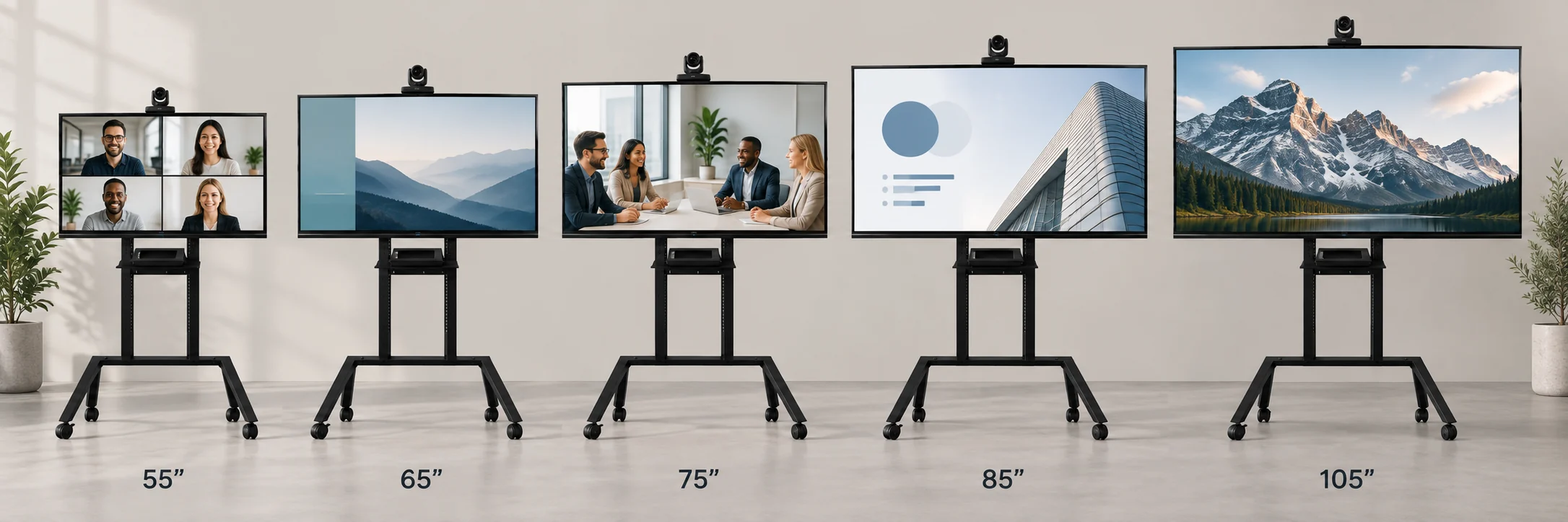 HAX VC Line Cart 01 TV — Comparação de configurações HAX para telas de 55, 65, 75, 85 e 105 polegadas
