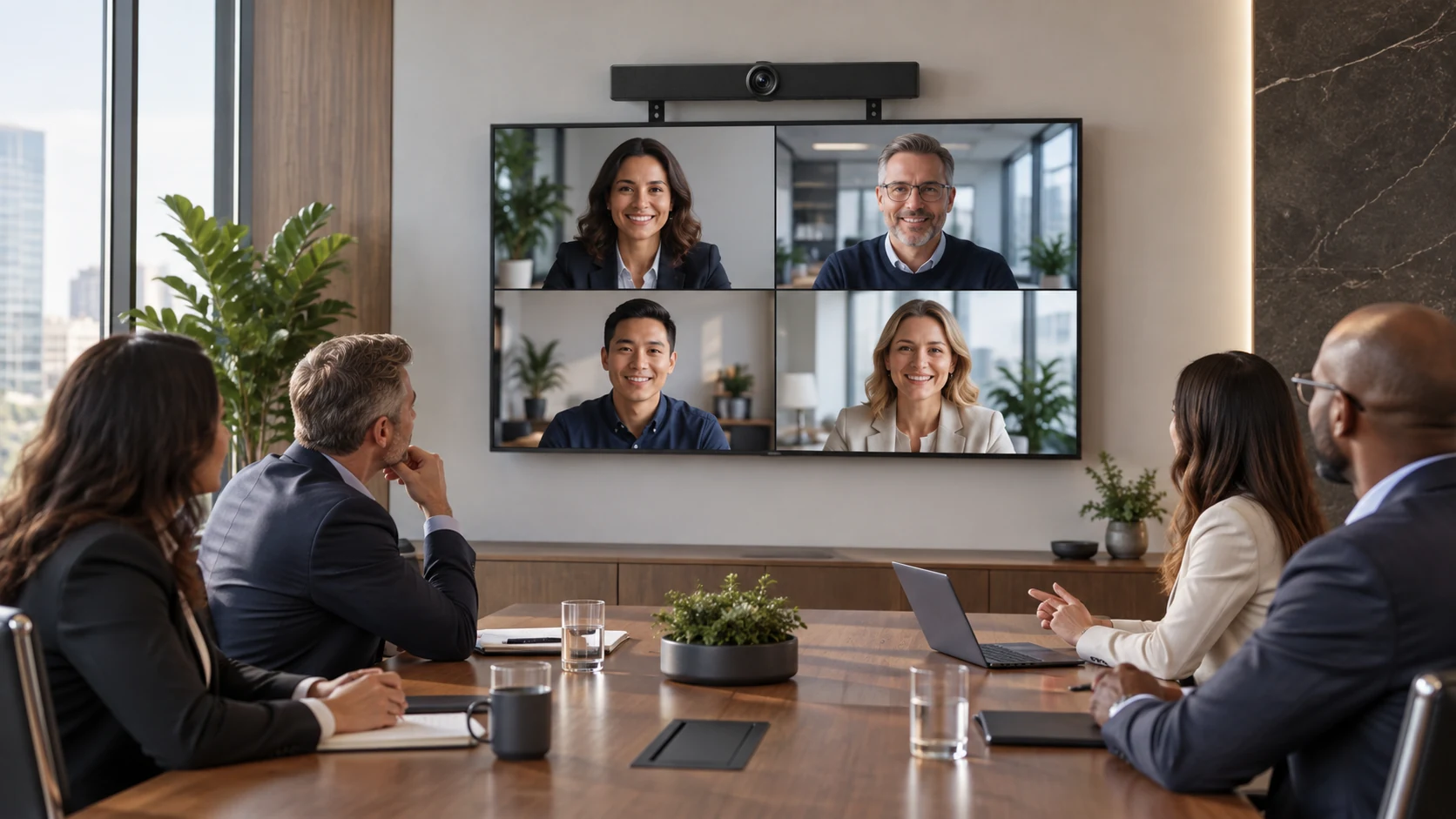 Kit de Montagem para Monitores Polycom Studio — Sala executiva com câmera acima da tela