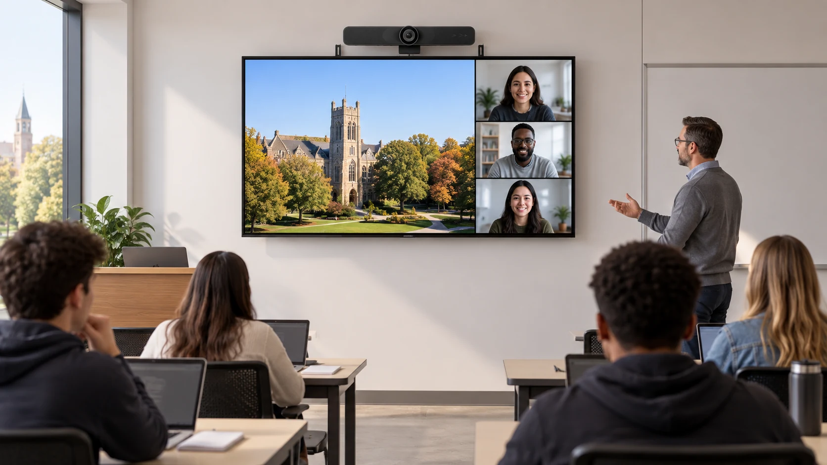 Kit de Montagem para Monitores Polycom Studio — Aula híbrida com câmera acima da tela