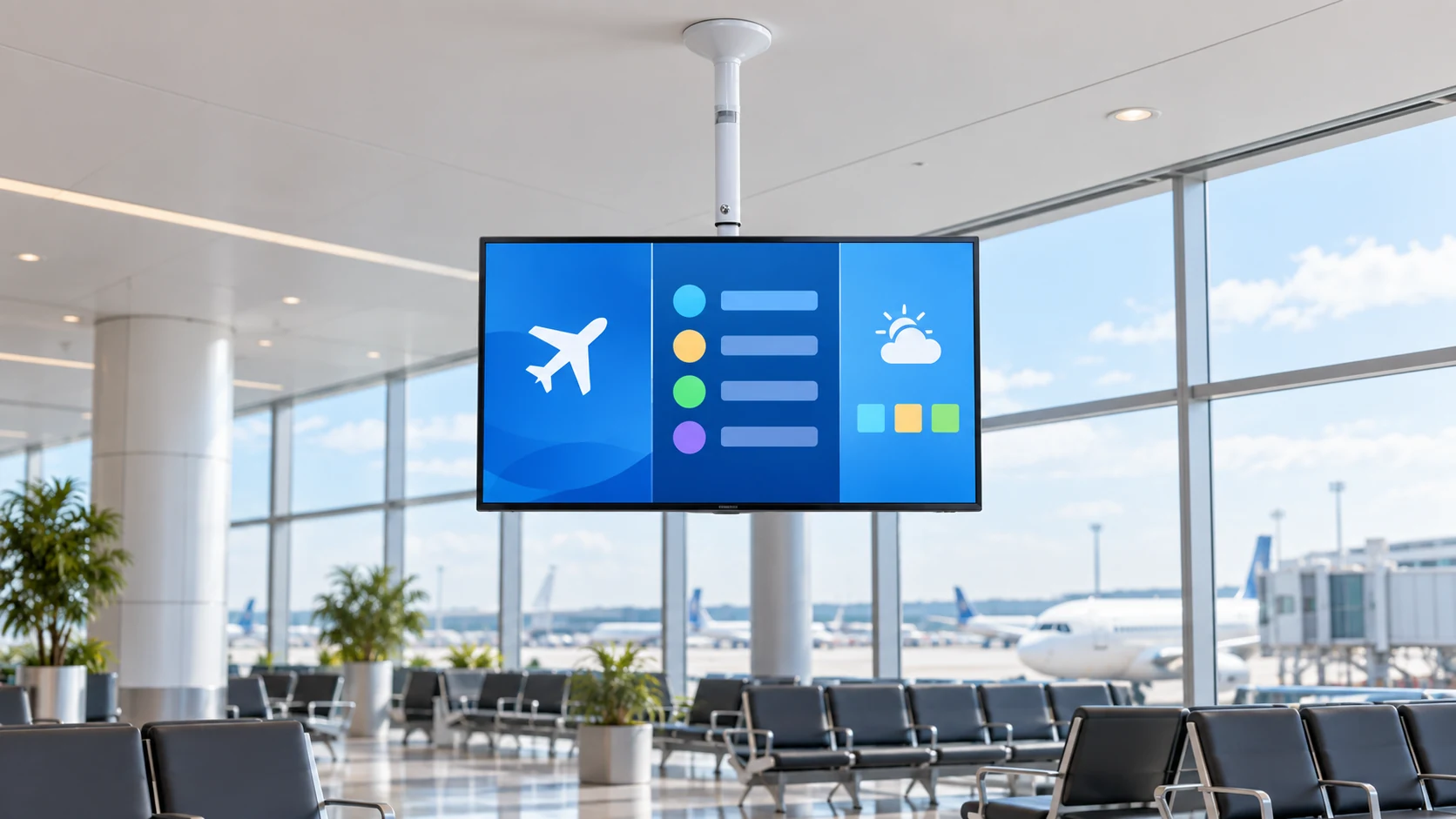 Suporte Line de Teto para TV/Monitor de 19" até 56" Branco em terminal de aeroporto