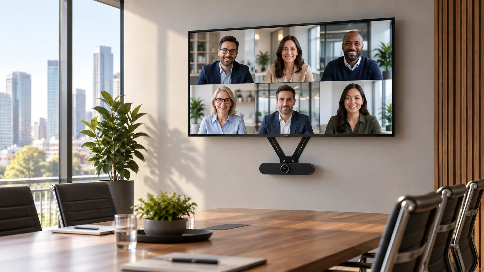 Suporte de TV para Logitech Meetup em sala executiva