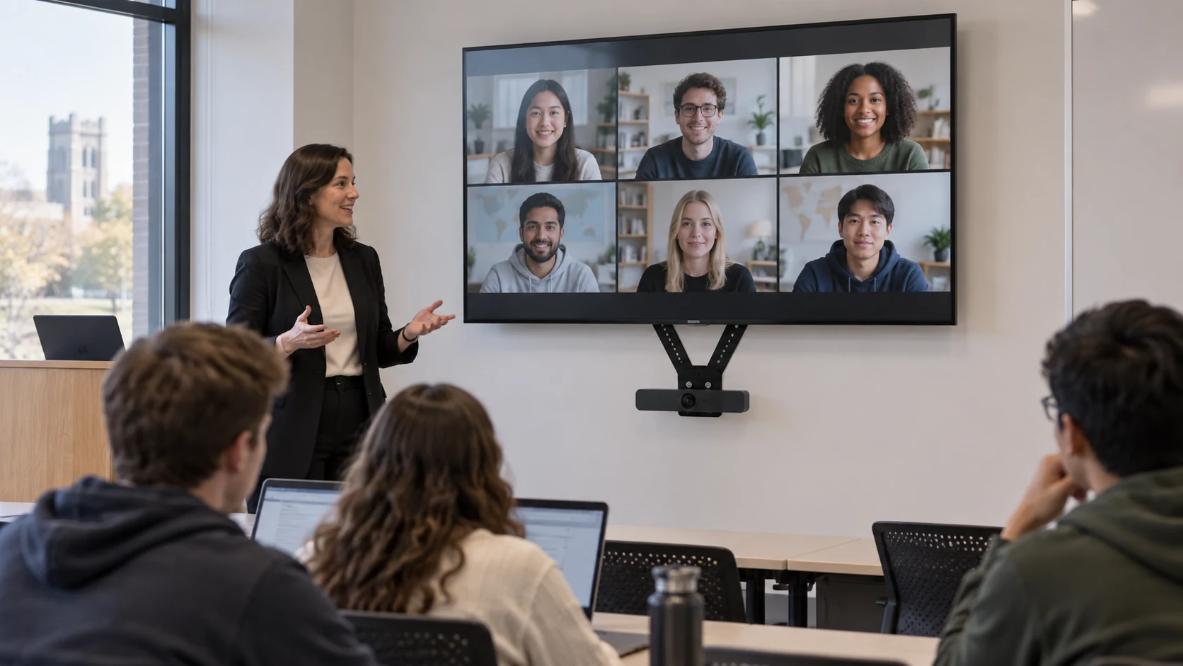 Suporte de TV para Logitech Meetup — Aula híbrida em universidade