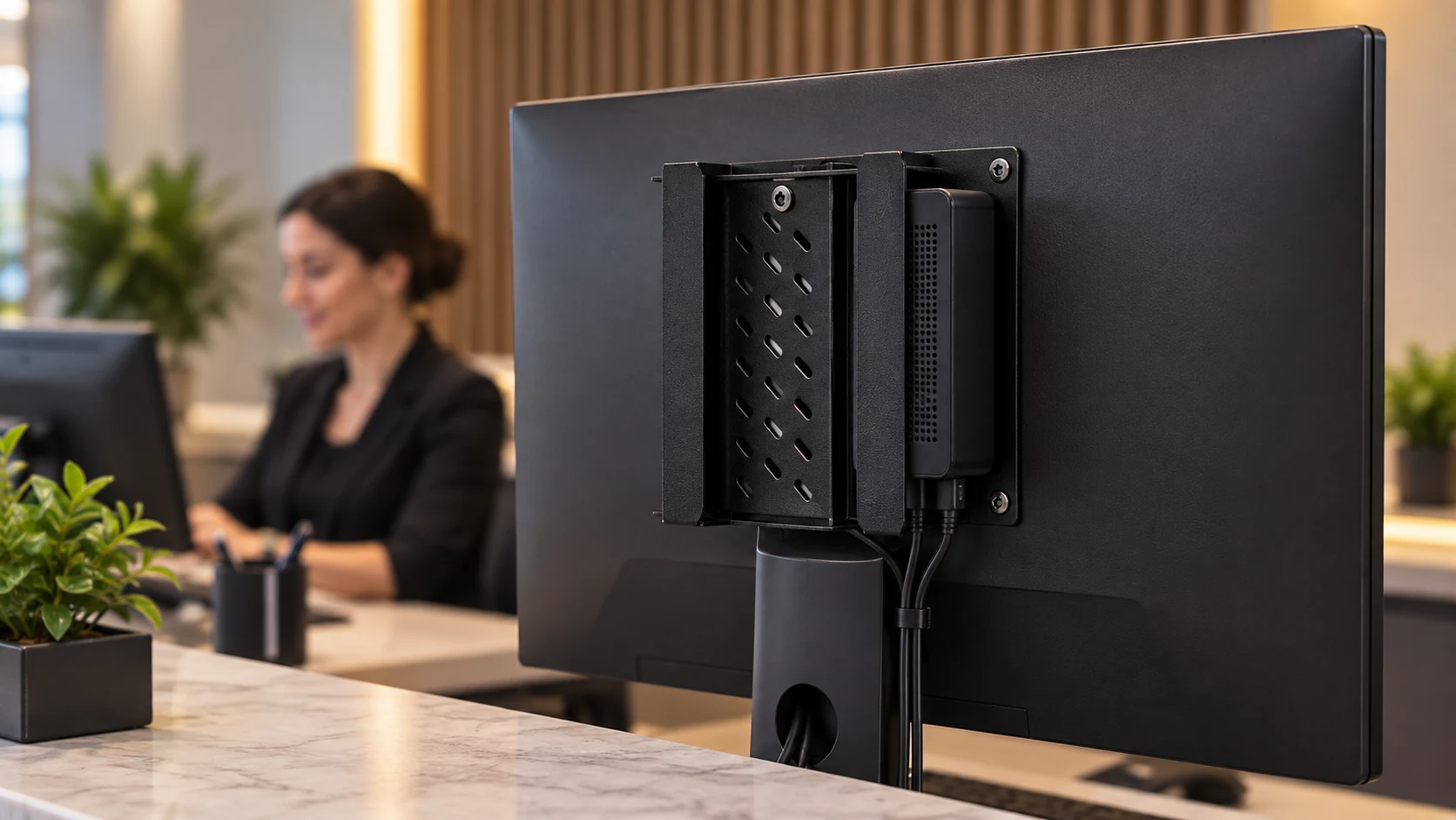 Suporte para Mini PC — Recepção corporativa