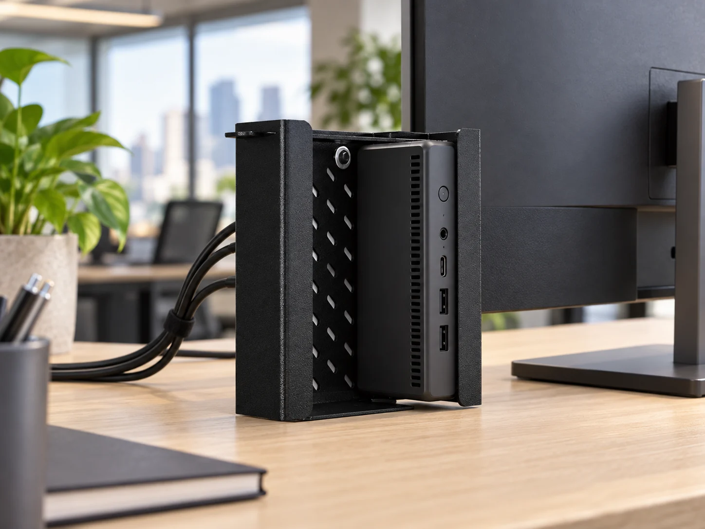 Suporte para Mini PC — Suporte para mini PC no ambiente de trabalho