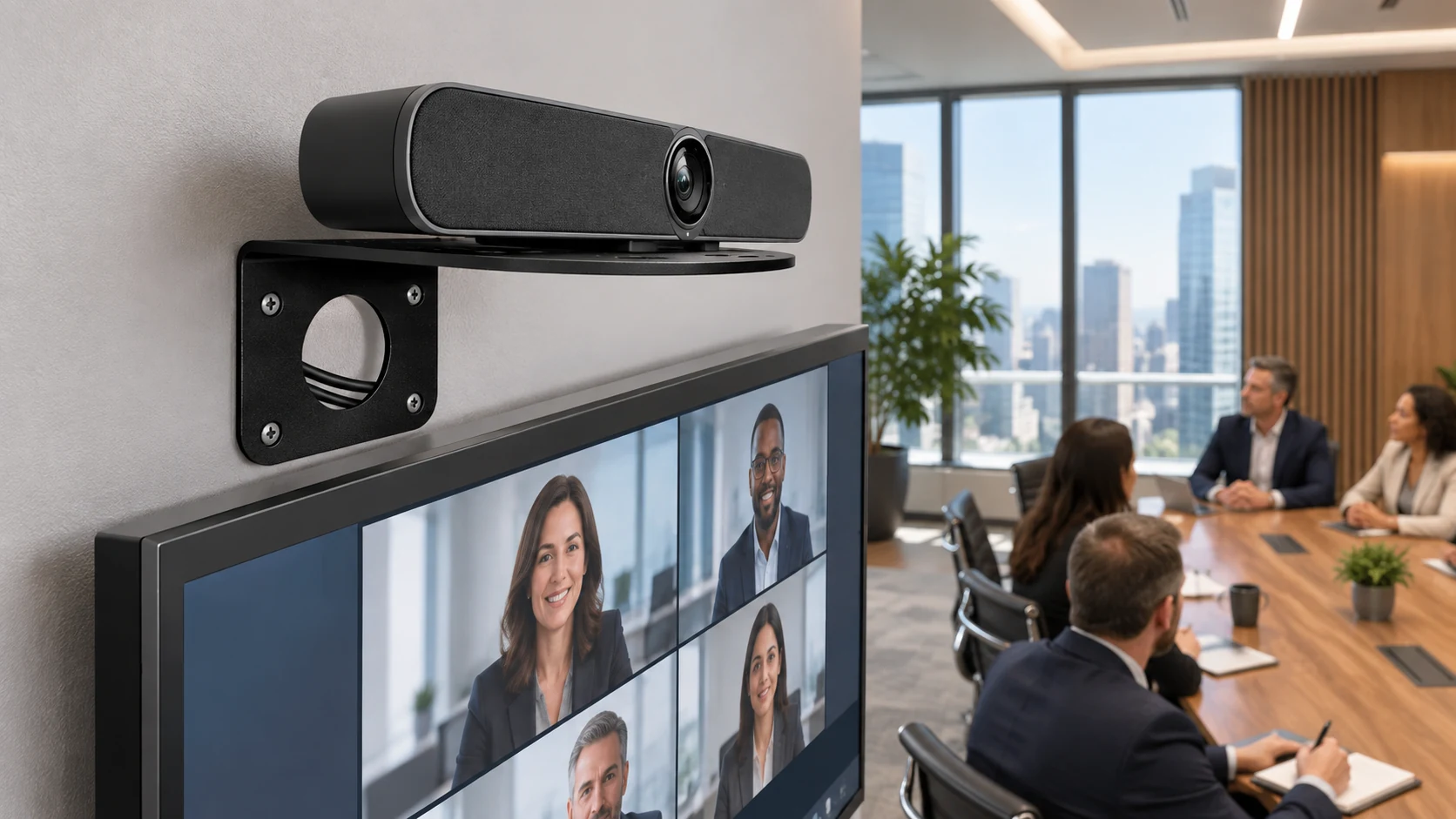 Suporte de Parede para Polycom e Logitech — Sala executiva com câmera acima da tela