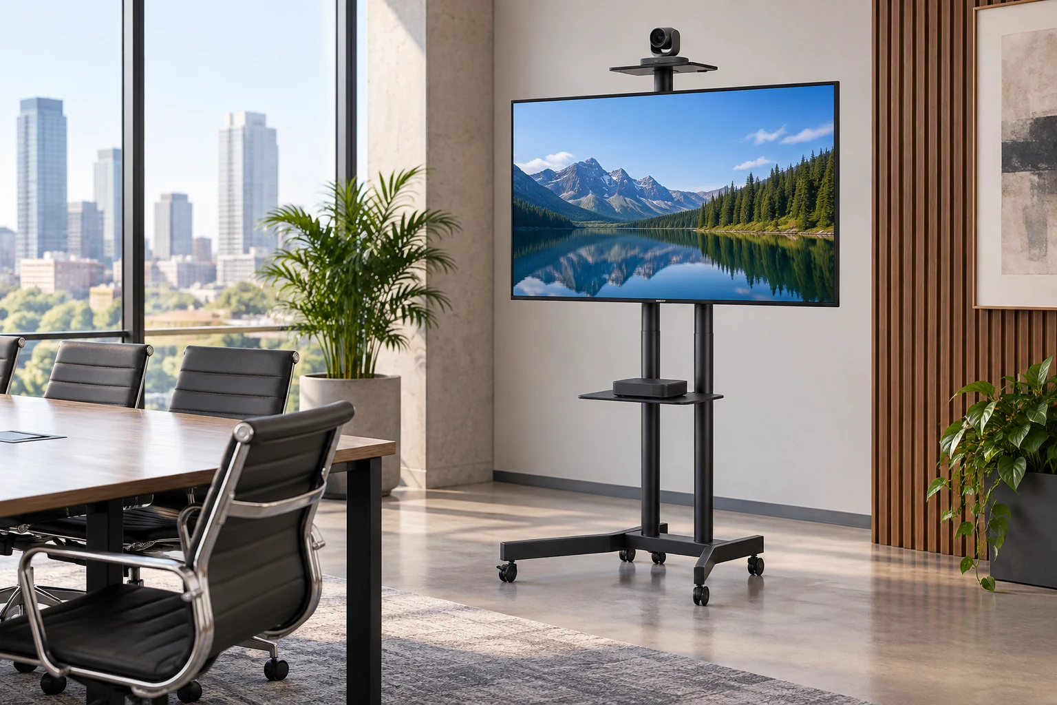 Suporte Pedestal com Rodas e 3 Níveis de Regulagem de Altura para TVs a partir de 32" — Sala de reunião