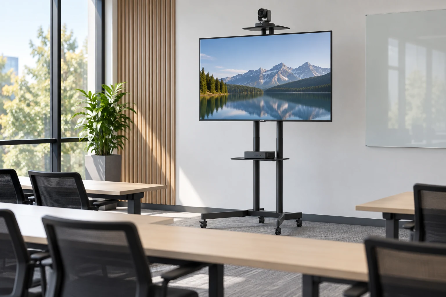 Suporte Pedestal com Rodas e 3 Níveis de Regulagem de Altura para TVs a partir de 32" — Sala de treinamento