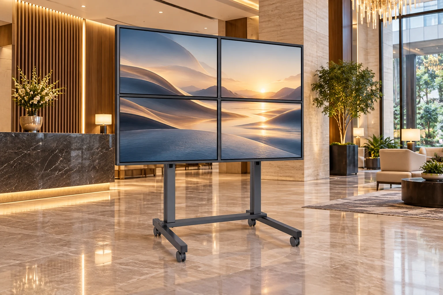 Suporte Pedestal para Videowall — Lobby de hotel