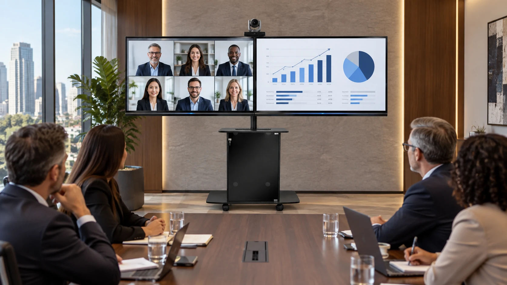 Rack de Videoconferência para 02 TVs — Sala executiva com câmera acima das telas
