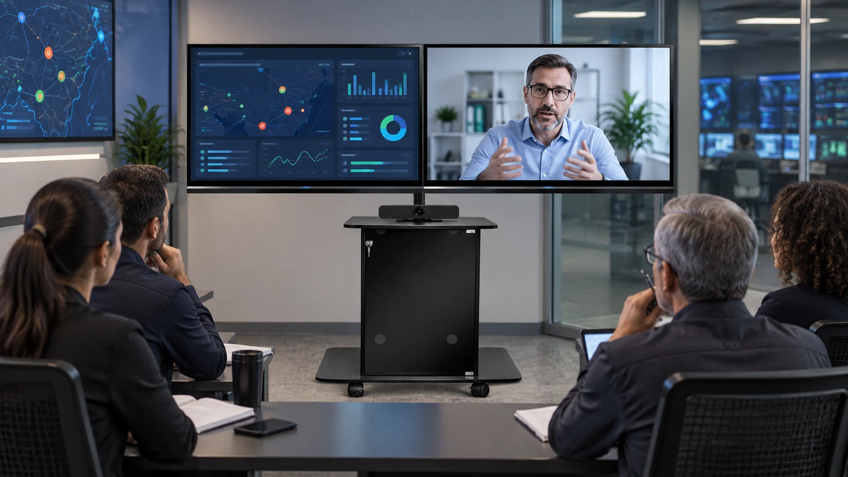 Rack de Videoconferência para 02 TVs — Colaboração em sala de operações