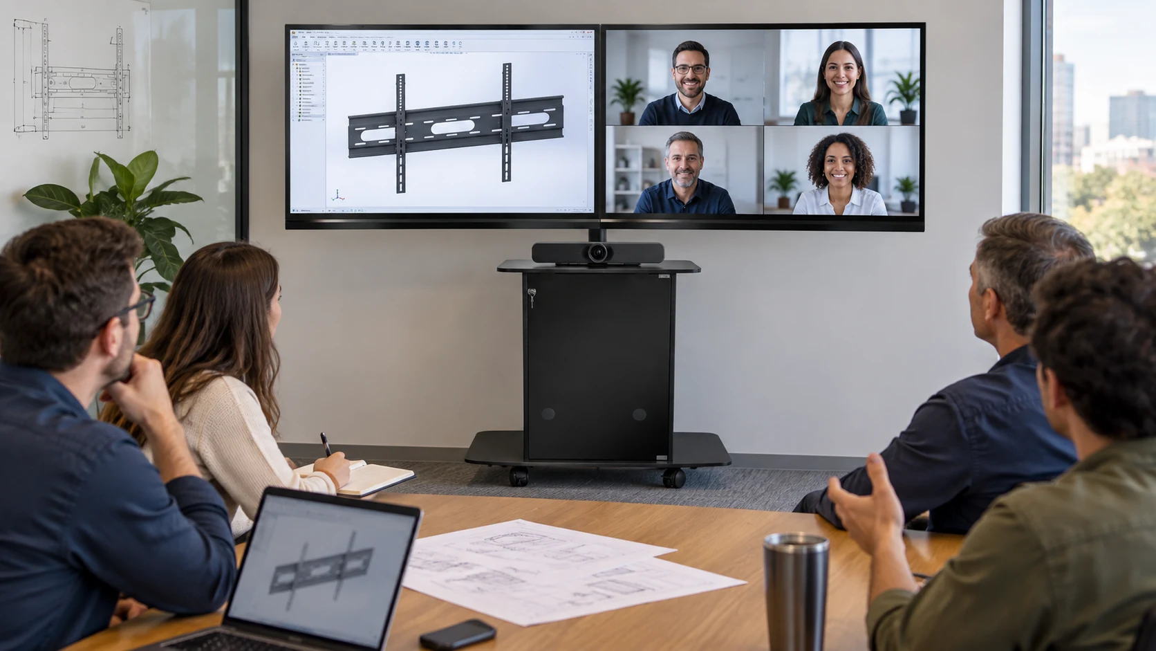 Rack de Videoconferência para 02 TVs — Revisão de projetos com câmera abaixo das telas