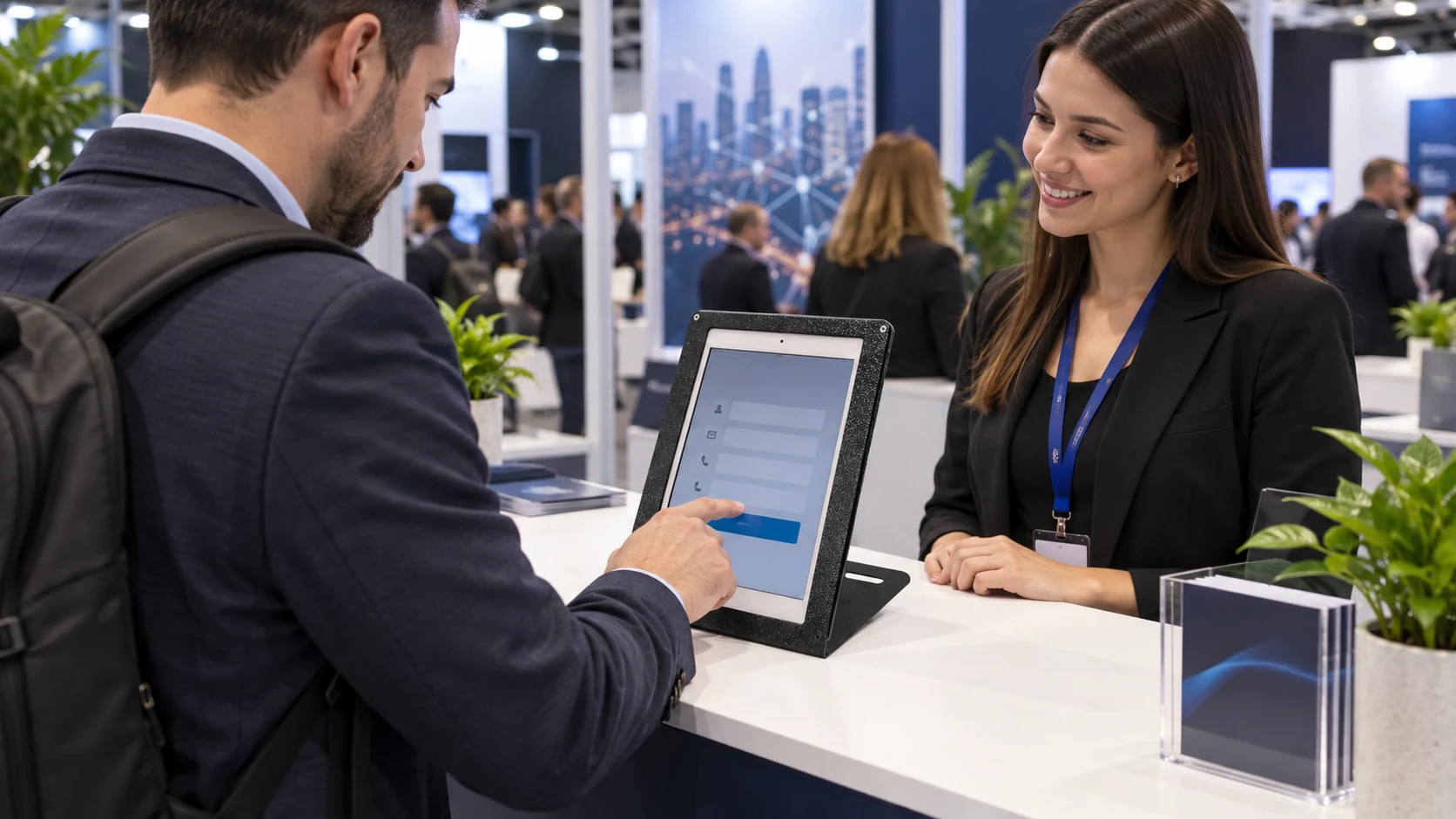 Suporte de Tablet Vertical para Mesa — Credenciamento em evento