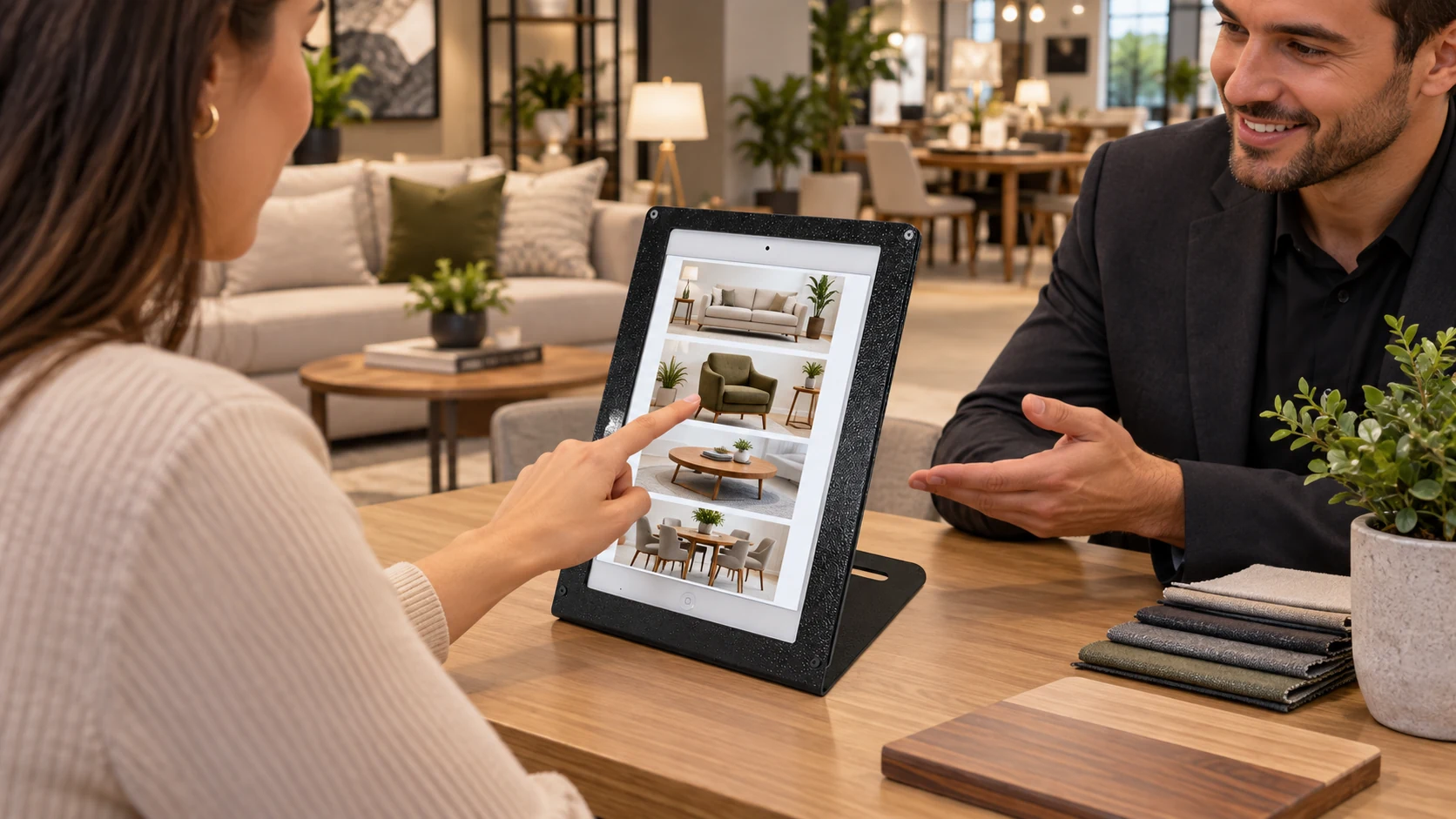 Suporte de Tablet Vertical para Mesa — Consulta de produtos em showroom