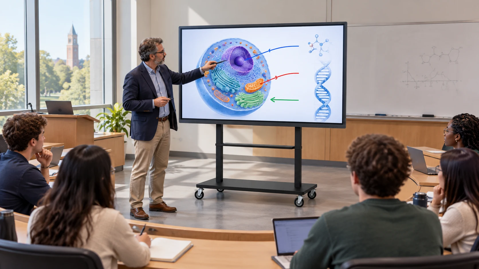 Suporte Móvel para Tela Interativa Smart 65" 75" 86" — Aula universitária