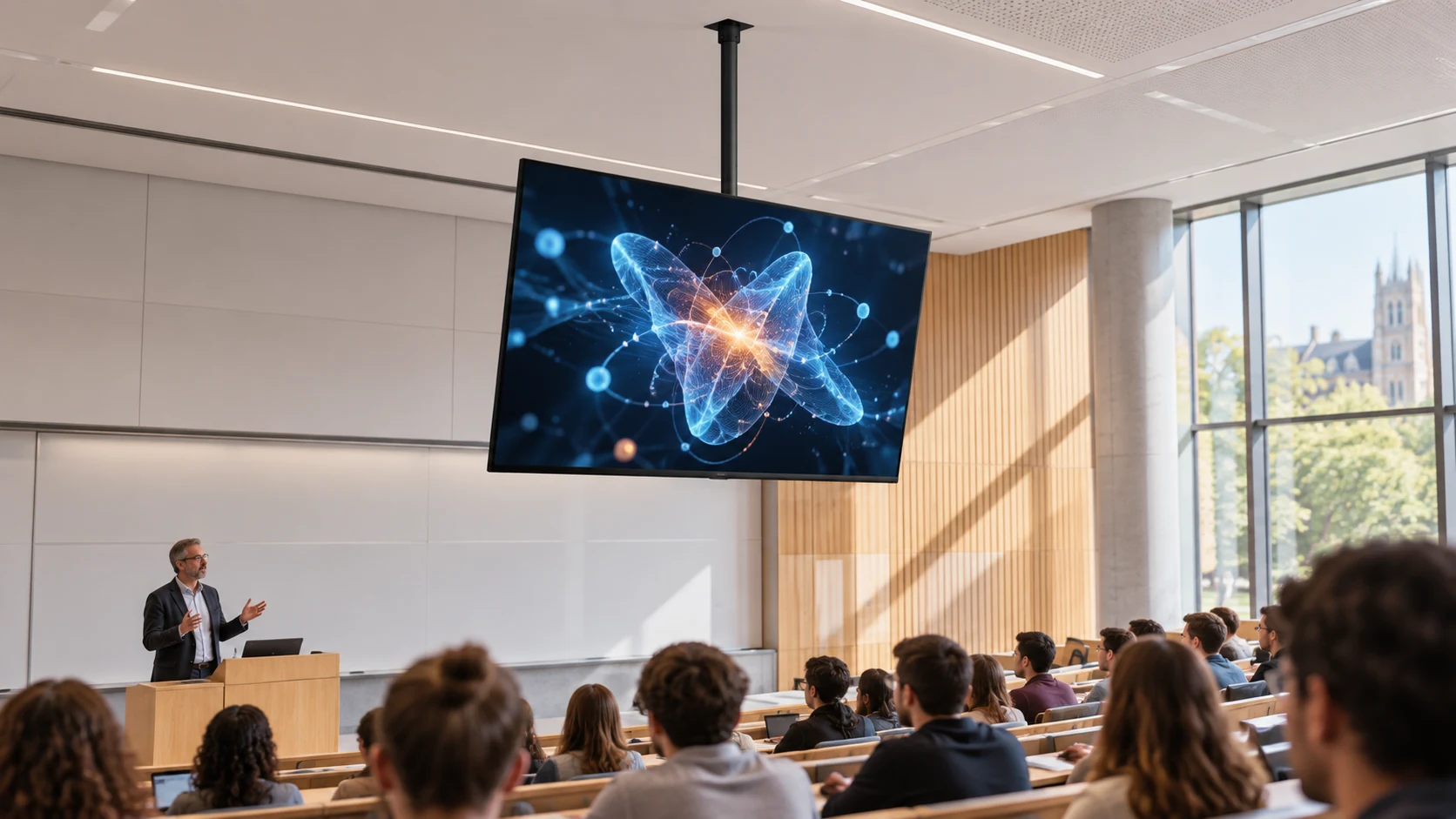 Suporte de Teto para TV de 32" a 86" — Conteúdo em auditório universitário