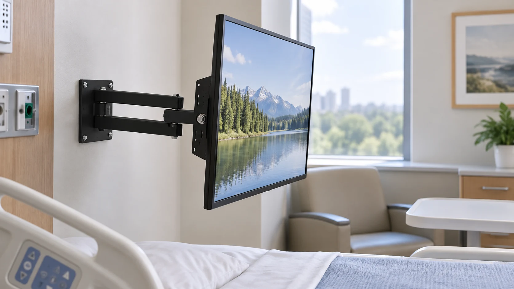 Suporte de TV Tri-Articulado LCD, LED e Plasma 20" a 43" — Tela direcionada em quarto hospitalar