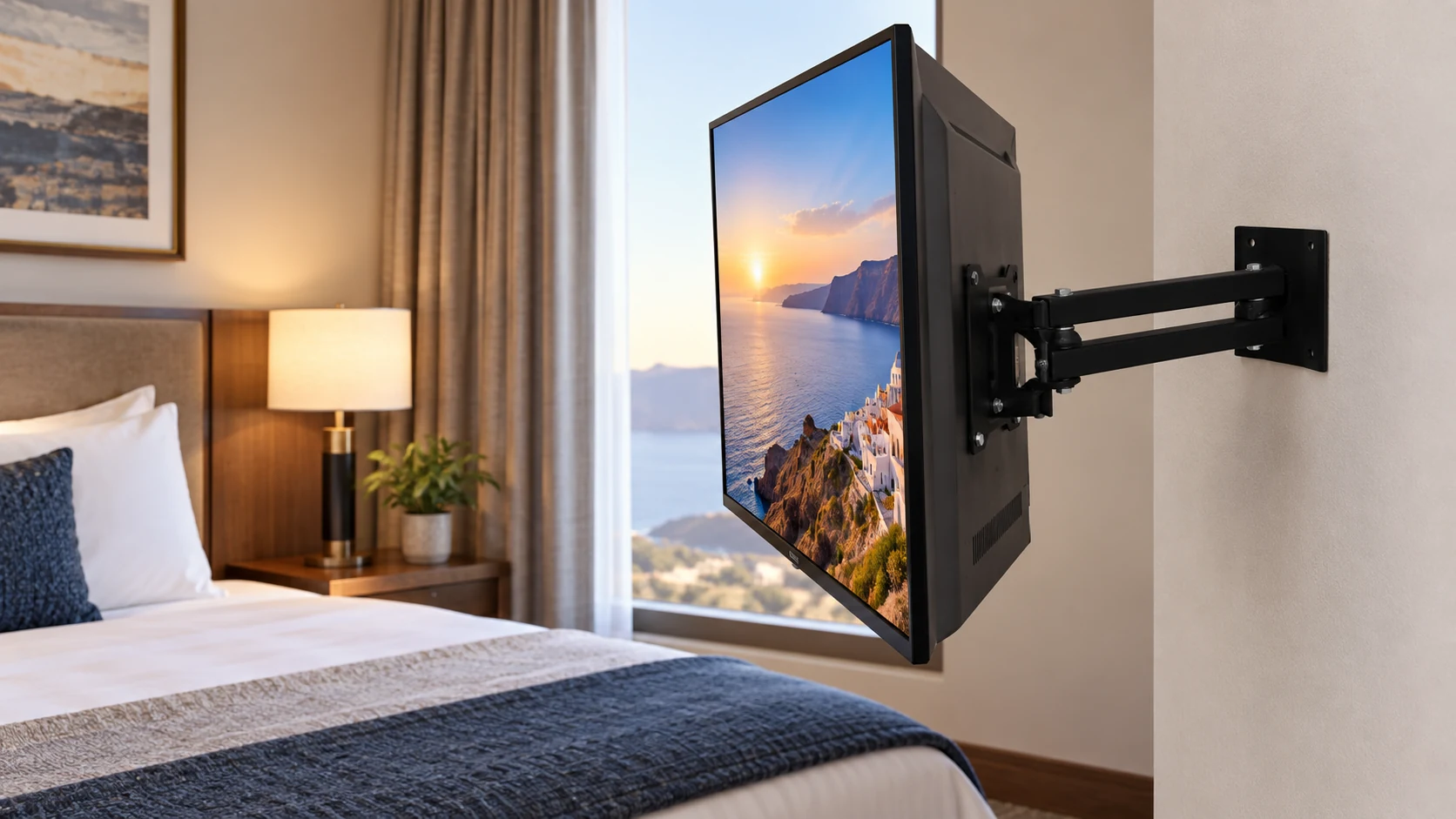 Suporte de TV Tri-Articulado LCD, LED e Plasma 20" a 43" — Tela articulada em quarto de hotel
