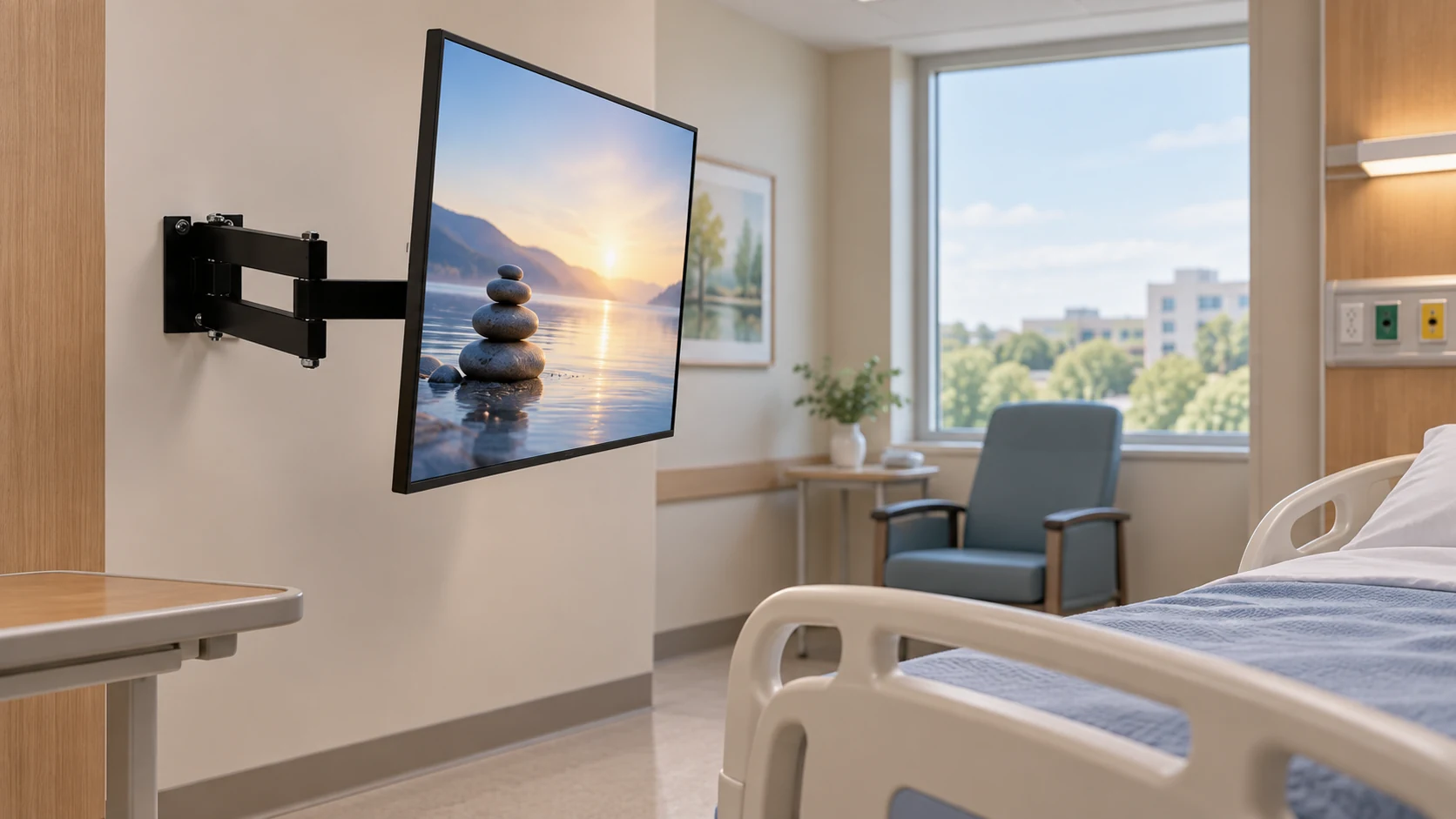 Suporte de TV Articulado — Visualização em quarto hospitalar