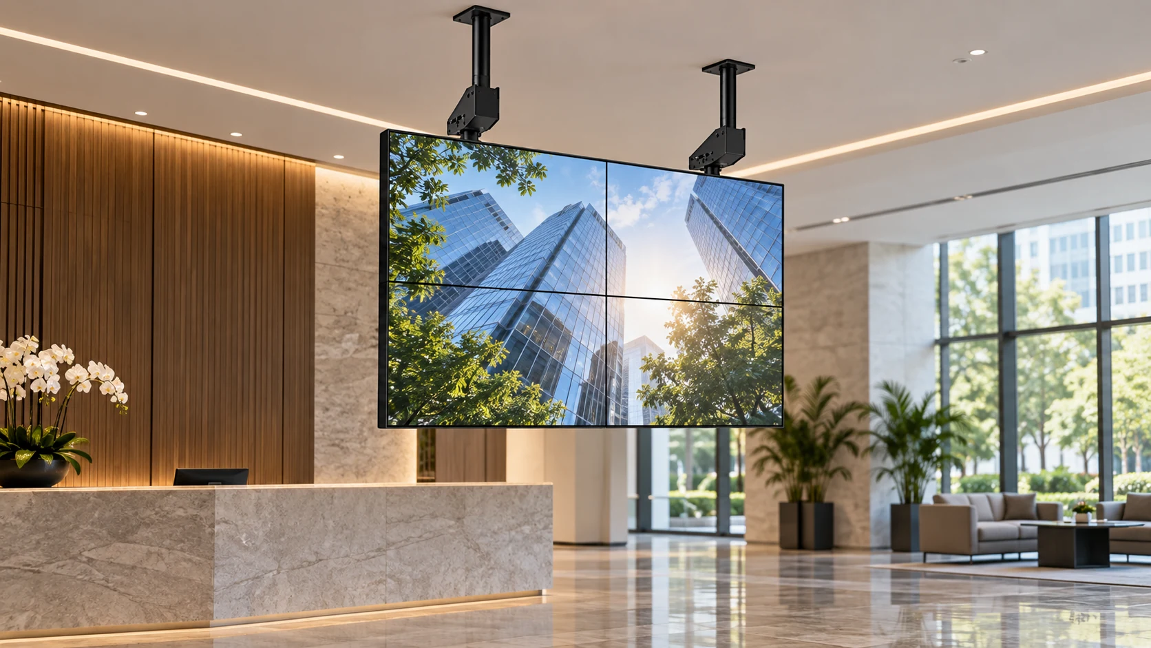 Suporte de Videowall para Teto — Videowall em recepção corporativa