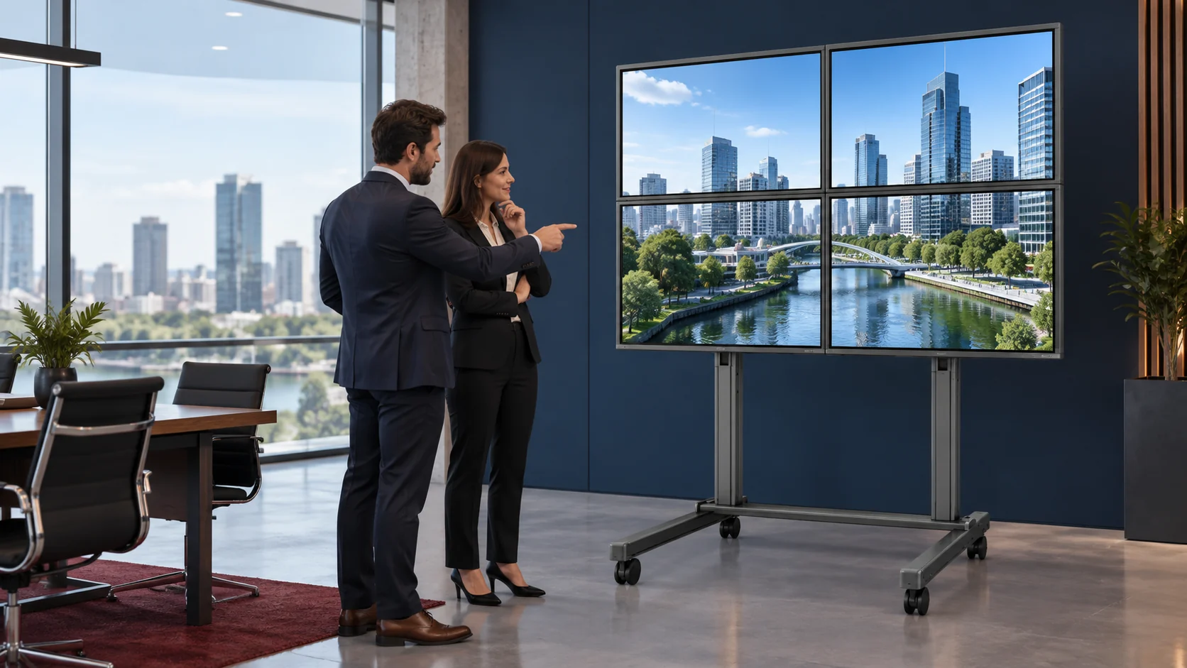 Aplicação de pedestal Line para videowall com quatro telas funcionando e profissionais apresentando
